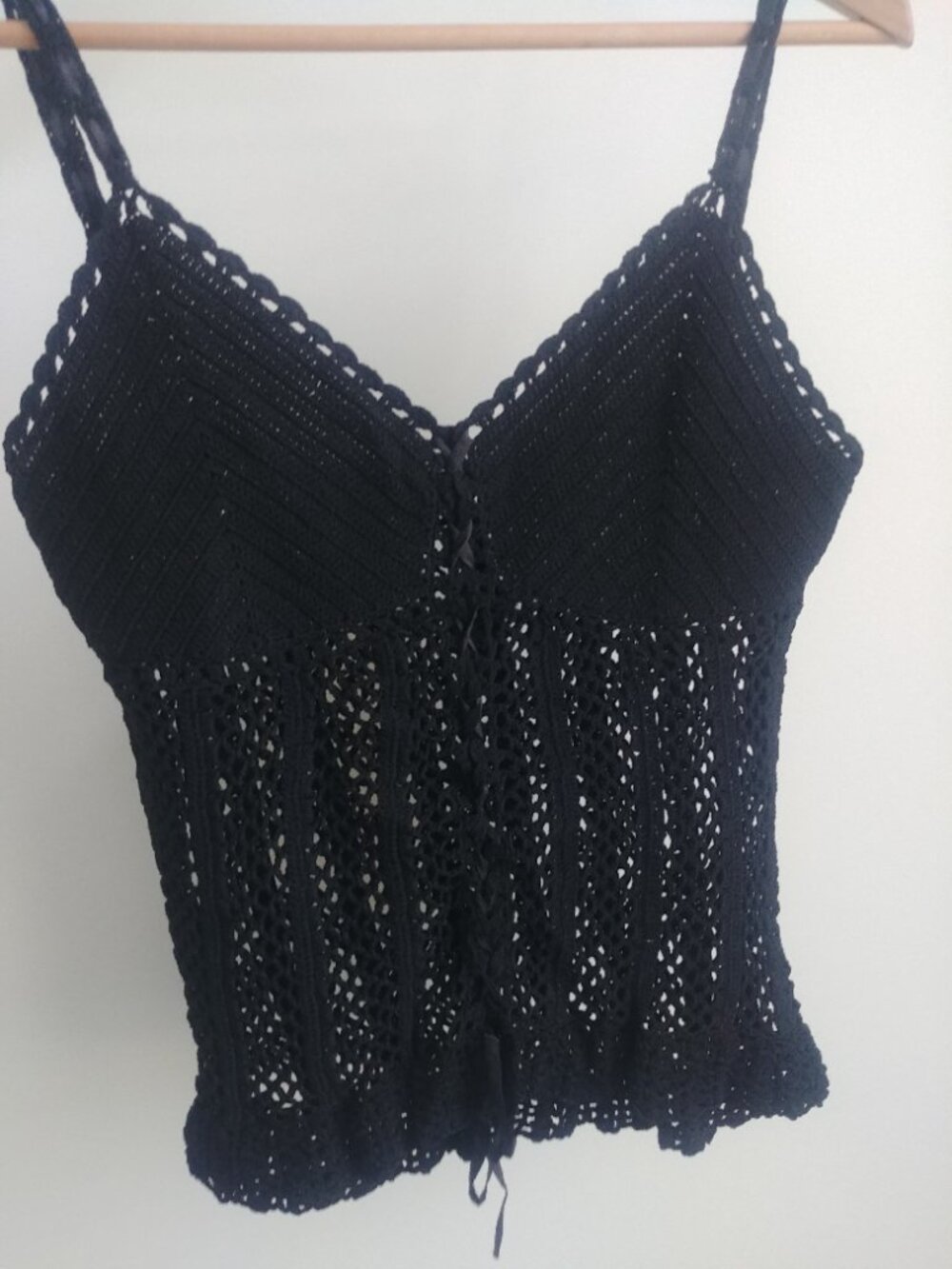 Aria crochet ribbon lace up knit spaghetti strap tank top sheer approx Small
